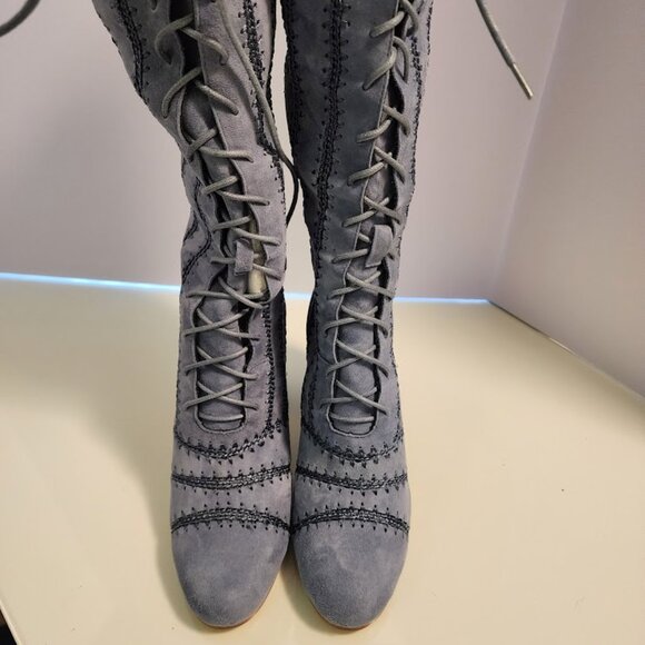 Free People x Silent D Lace-Up Suede Blue Grey Heeled Boots - Picture 5 of 9